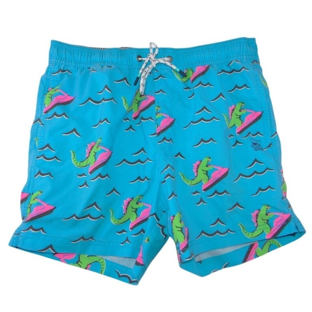 Party Pants Mens Turquoise Dinosaur Jet Ski Print Swim Trunks Size Large 2810